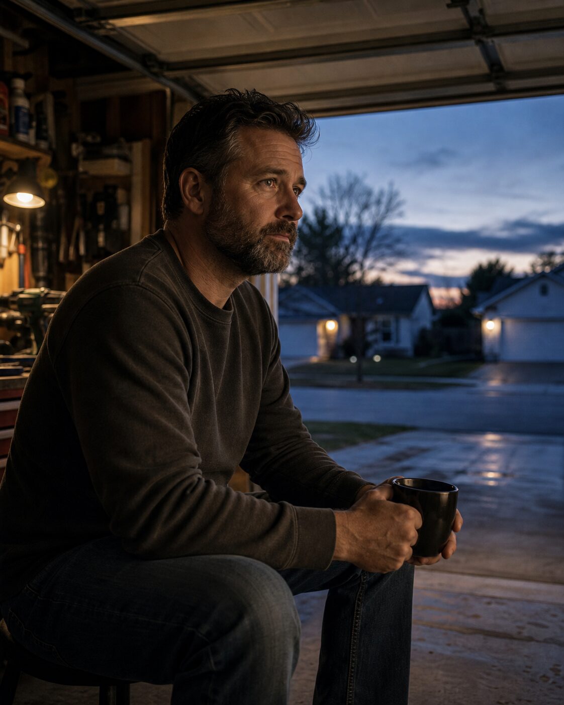 A pensive dad sits in a garage holding a mug at dusk.